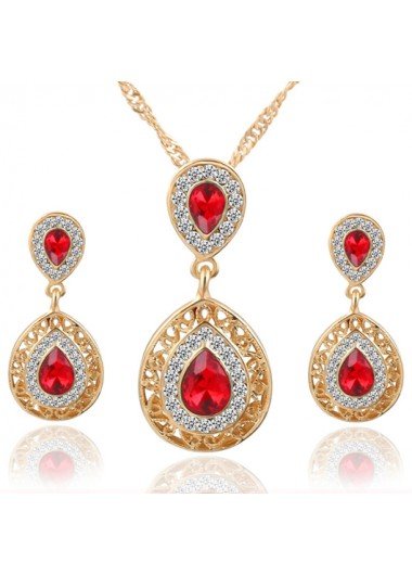 Red Teardrop Rhinestone Design Hollow Earrings and Necklace