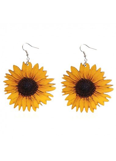 1 Pair Yellow Wood Sunflower Design Earrings