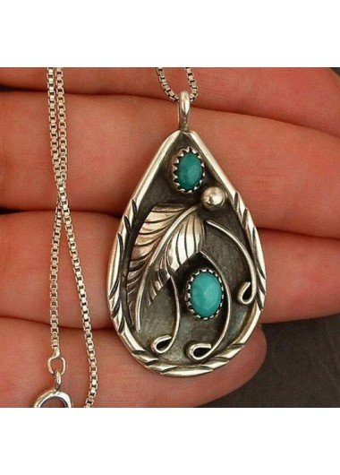 Turquoise Teardrop Feather Design Metal Necklace