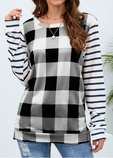 White Plaid Long Sleeve Round Neck T Shirt