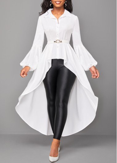 White Asymmetry Long Sleeve Shirt Collar Blouse