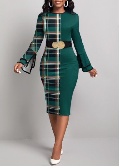 Green Patchwork Plaid Long Sleeve Bodycon Dress