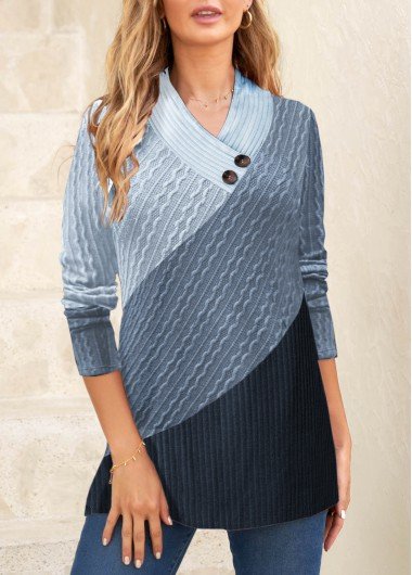 Blue Patchwork Long Sleeve V Neck Sweatshirt