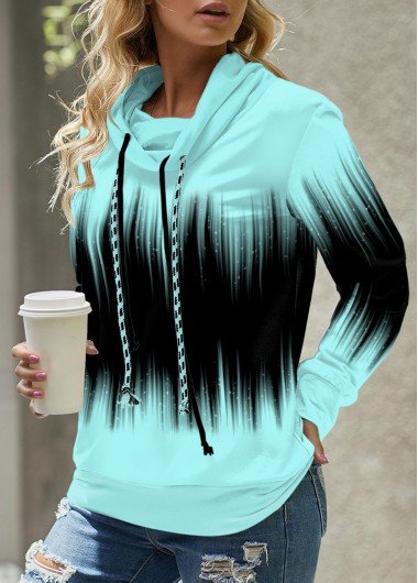 Cyan Drawstring Ombre Long Sleeve Cowl Neck Sweatshirt