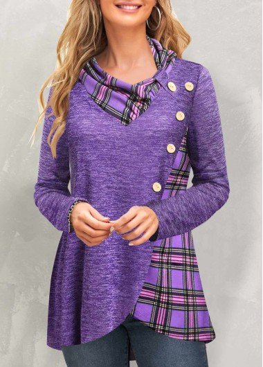 Purple Patchwork Plaid Long Sleeve Cowl Neck Sweatshirt