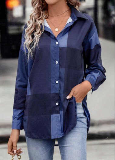 Navy Button Long Sleeve Shirt Collar Blouse