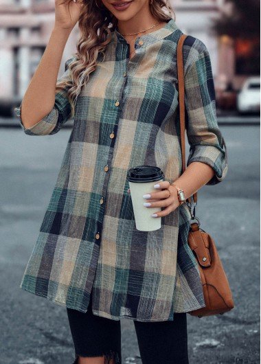 Sage Green Button Plaid Long Sleeve Blouse