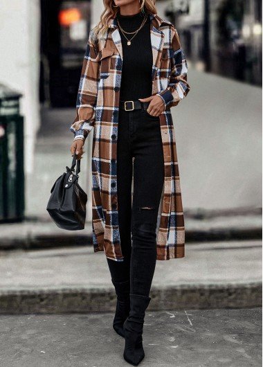 Dark Coffee Pocket Plaid Long Sleeve Coat