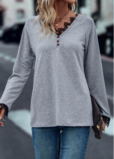 Light Grey Marl Button Long Sleeve T Shirt