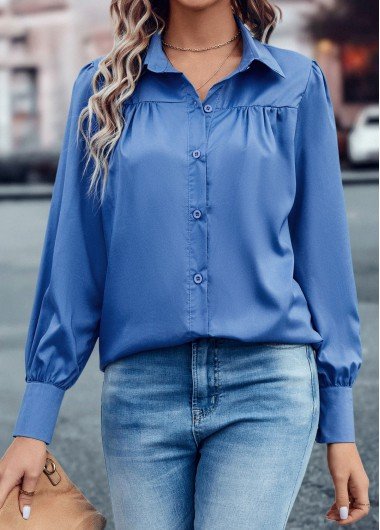 Dusty Blue Ruched Long Sleeve Shirt Collar Blouse