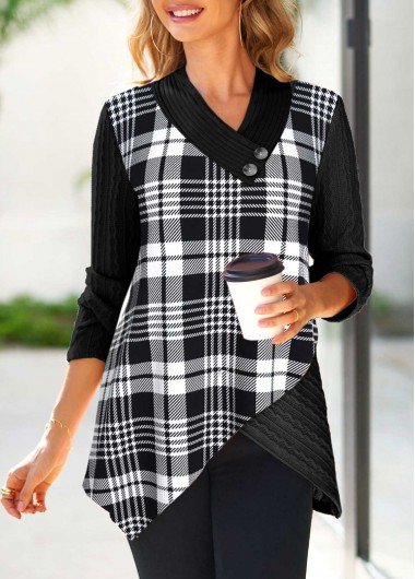 Black Surplice Plaid Long Sleeve V Neck Sweatshirt