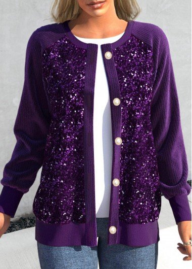 Dark Purple Sequin Long Sleeve Round Neck Cardigan