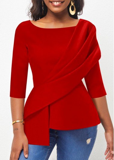 Red Asymmetry Three Quarter Length Sleeve Blouse