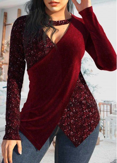 Wine Red Sequin Long Sleeve T Shirt