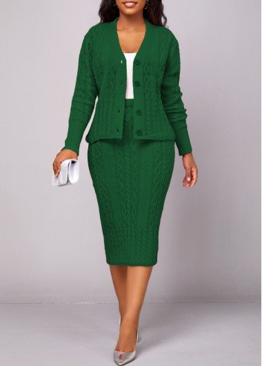 Blackish Green Long Sleeve Button Top and Skirt