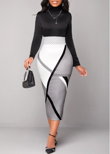 Black Geometric Print Long Sleeve Bodycon Dress