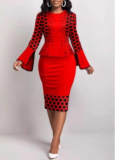 Red Fake 2in1 Geometric Print Bodycon Dress