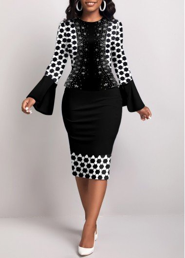 Black Fake 2in1 Geometric Print Bodycon Dress