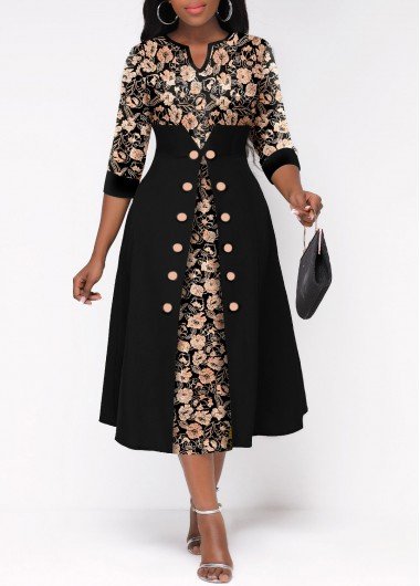 Black Split Neck Button Random Floral Print Dress