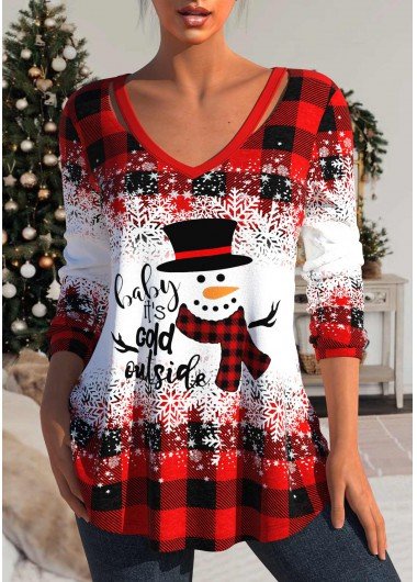 Christmas Red Cut Out Snowman Print T Shirt