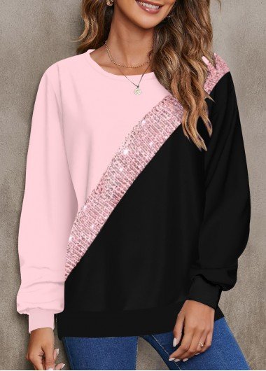 Pink Patchwork Long Sleeve Round Neck Sweatshirt