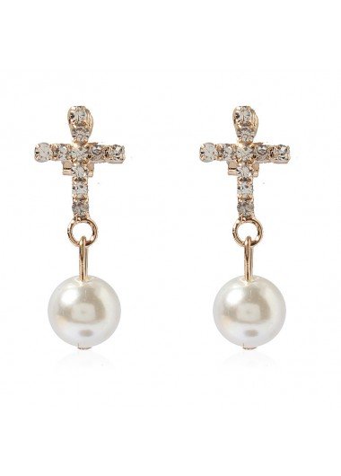 Silvery White Pearl Round Metal Earrings