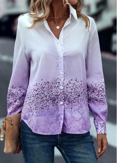 Multi Color Button Ombre Long Sleeve Blouse