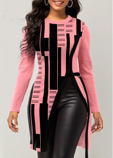 Pink Geometric Print Long Sleeve T Shirt