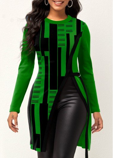 Green Geometric Print Long Sleeve T Shirt