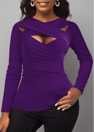 Purple Surplice Long Sleeve Cross Collar T Shirt