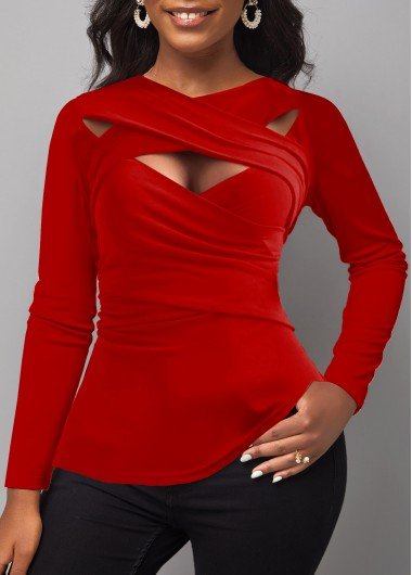 Red Surplice Long Sleeve Cross Collar T Shirt