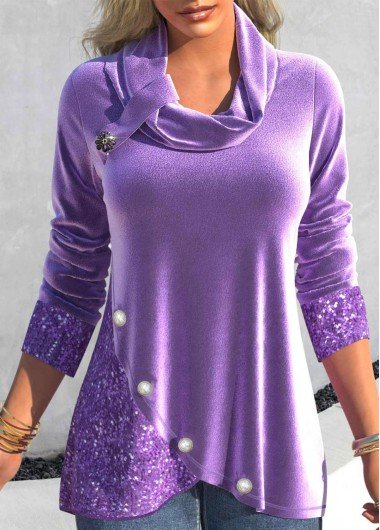 Light Purple Velvet Long Sleeve Cowl Neck Sweatshirt