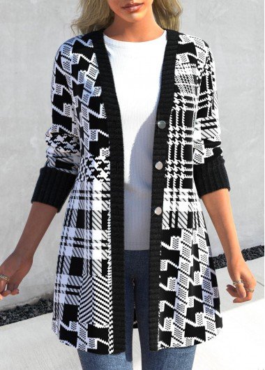 Black Button Geometric Print Long Sleeve Coat