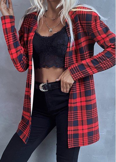 Red Plaid Long Sleeve Lightweight Cardigan