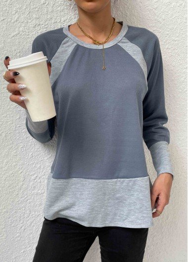 Grey Patchwork Long Sleeve Round Neck T Shirt