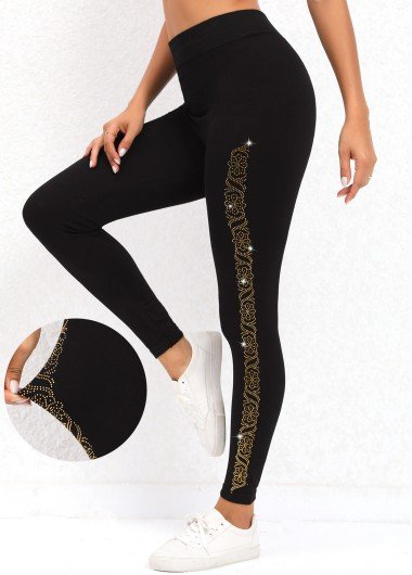 Black High Waisted Hot Drilling Leggings