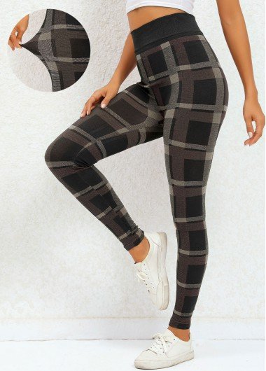 Dark Camel Plaid High Waisted Ankle Length Leggings