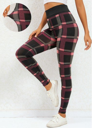 Deep Red Plaid High Waisted Ankle Length Leggings