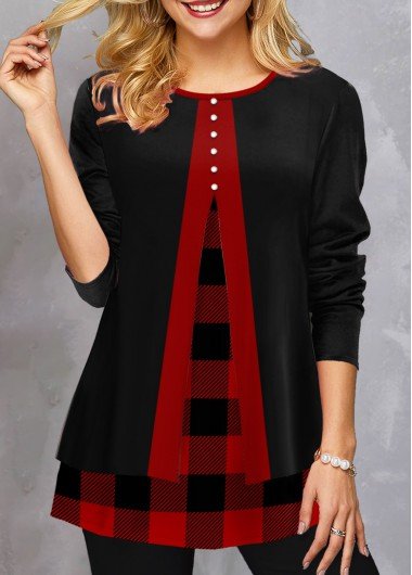 Red Fake 2in1 Plaid Long Sleeve Sweatshirt