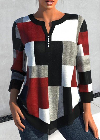 Black Asymmetry Split Neck Geometric Print Blouse