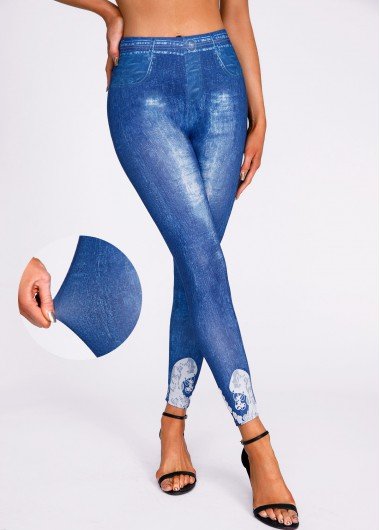 Denim Blue Floral Print High Waisted Leggings