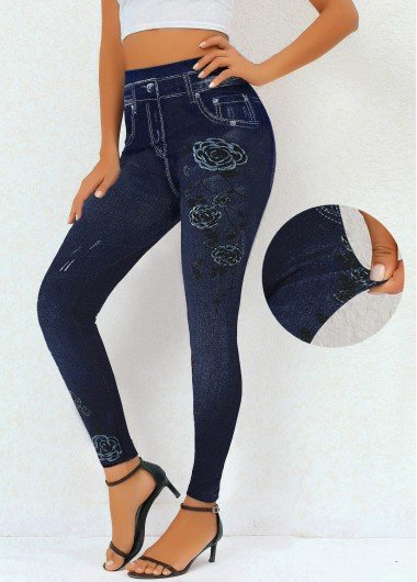 Navy High Waisted Floral Print Leggings