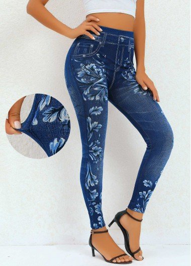 Navy Floral Print High Waisted Ankle Length Leggings