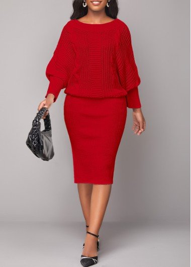 Red Long Sleeve Boat Neck Bodycon Dress