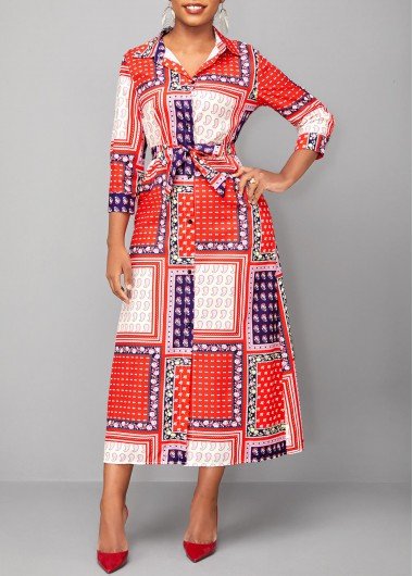 Red Button Tribal Print Belted Maxi Dress