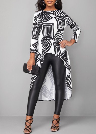 White Round Neck Asymmetry Geometric Print Blouse