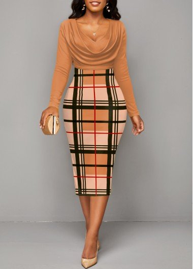 Light Coffee Patchwork Plaid Long Sleeve Bodycon Dress