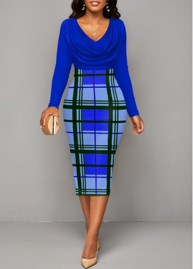 Royal Blue Patchwork Plaid Long Sleeve Bodycon Dress