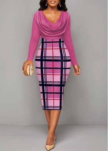 Pink Plaid Long Sleeve V Neck Bodycon Dress