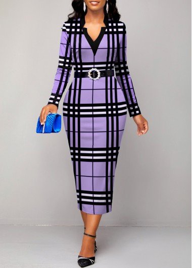 Light Purple Patchwork Plaid Long Sleeve Dress